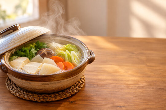 Japanese hot pot nabe in a ceramic donabe with steam, tofu, daikon, carrot, napa cabbage and shiitake on a warm wooden table in soft window light