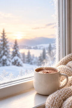 Steaming mug of hot chocolate on a frosty window sill with cream knit blanket and snowy sunrise view, vertical winter morning with copy space