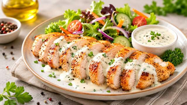 Grilled Chicken Breast Fillet Slice Served With Creamy Sauce And Fresh Salad