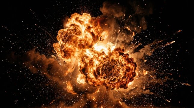 Large fiery explosion with bright orange flames and swirling smoke isolated against a black background with massive explosion erupts