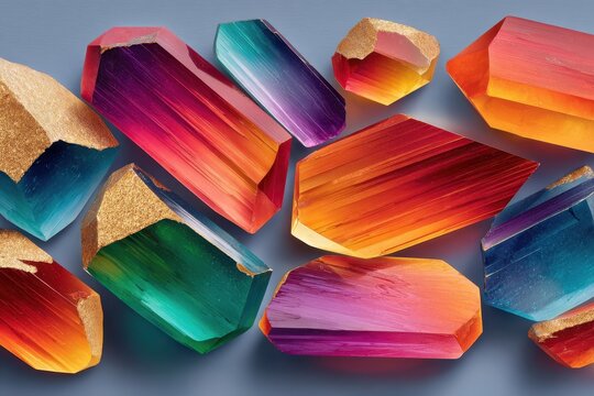 Smooth gray surface with multicolored crystal formations featuring gradient hues and gold-tipped edges, mineral specimen display
