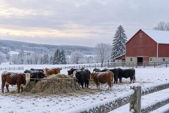 Herd of cattle eating hay at feeder in snowy pasture with red barn wooden fence on winter farm, nobody