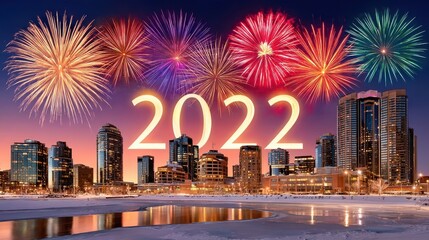 Fototapeta premium Colorful fireworks explode over modern city skyline with glowing 2022 text overlay during winter night celebration