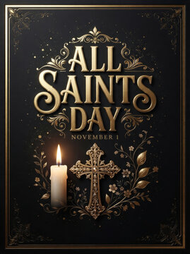 Elegant all saints day greeting card design featuring a glowing white candle and a golden ornate cross set against dark background imagery