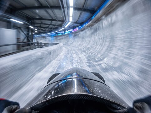 First-person perspective of a bobsleigh speeding through a high-speed icy track in winter