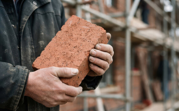 A male bricklayer holding a red brick at a construction site for building and renovation projects