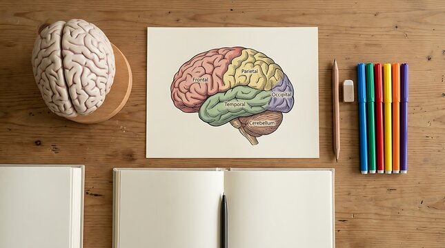 Educational Brain Diagram Model on Wooden Desk with Colored Markers