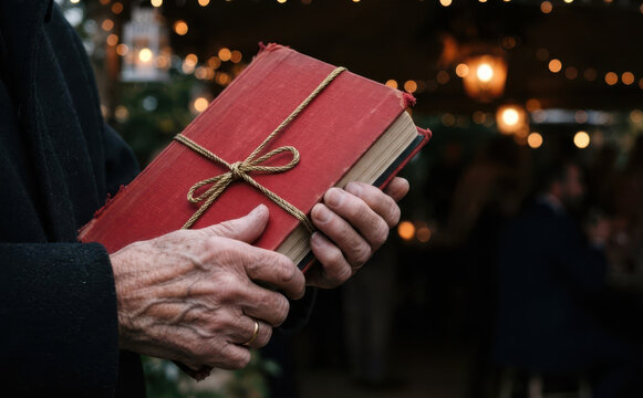 Elderly man holding a vintage red book tied with string in a warmly lit atmospheric setting