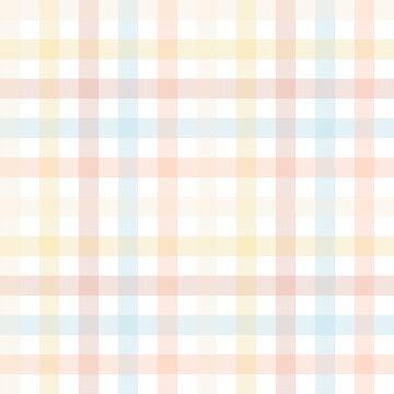 A seamless geometric plaid or gingham pattern background featuring soft and sweet pastel colors including light yellow, baby blue, soft pink, and peach orange over a clean white backdrop