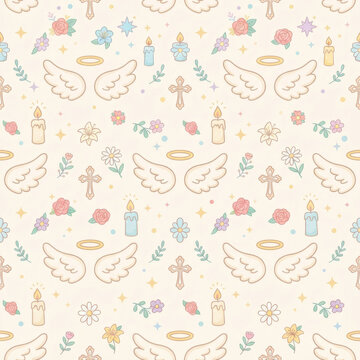 Seamless pattern with hand drawn religious symbols including angel wings crosses and holy candles on a light beige textured paper background