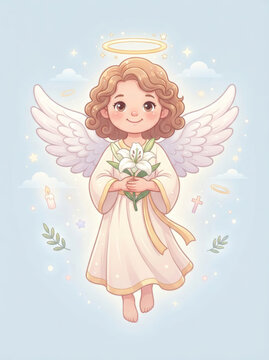 A cute little angel with curly hair and white wings holding a bouquet of flowers in a soft pastel blue background