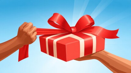 Fototapeta premium Two hands exchanging red gift box with white ribbon and large bow against blue background with sunburst effect, gift giving concept