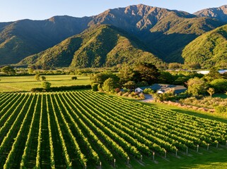 Naklejka premium Vineyard landscape with mountains and winery building