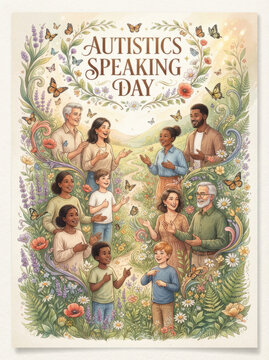 A diverse group of people standing together in a beautiful garden to celebrate autistics speaking day with great joy and total inclusion