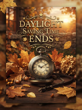 Vintage pocket watch resting on a rustic wooden table surrounded by colorful autumn leaves with daylight saving time ends text overlay