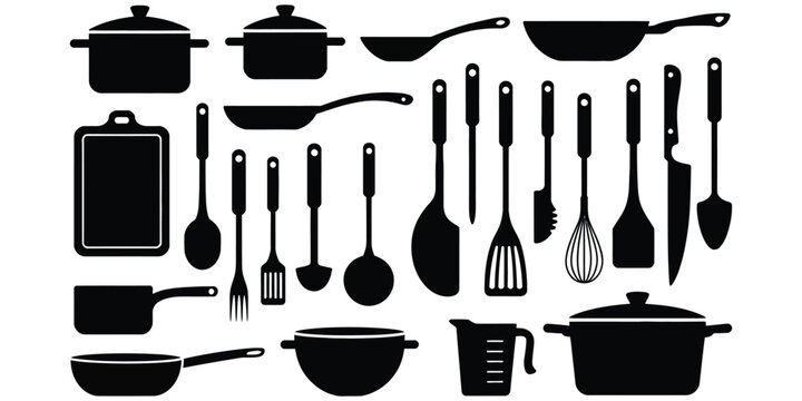 Comprehensive set of black kitchenware and cooking utensil silhouettes including pots, pans, knives, spatulas, whisks, and measuring cups on white background