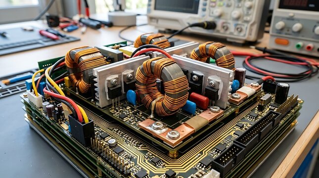 Industrial Circuit Board with Coils and Components on Laptop Style Motherboard