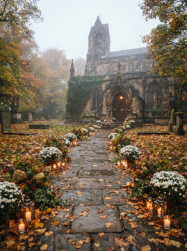 A beautiful stone church entrance decorated with white flowers and glowing candles on a misty autumn day with fallen golden leaves