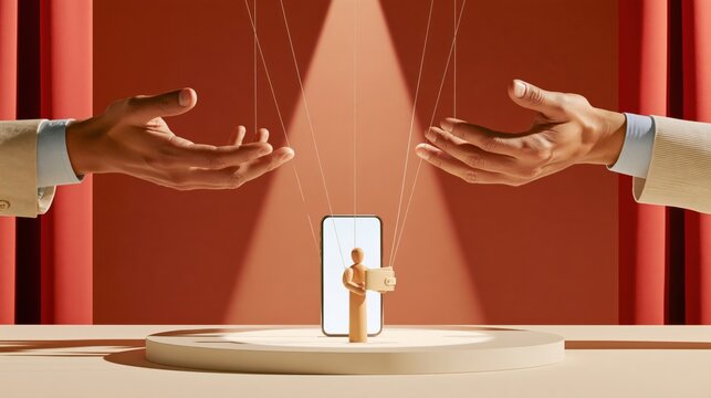 Wooden puppet figure holding wallet in front of smartphone, controlled by two hands with strings against warm red background