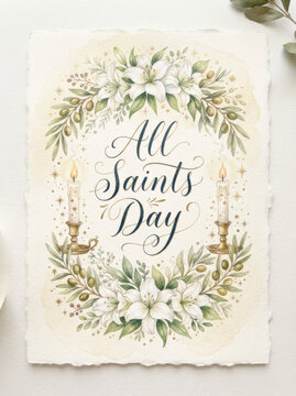 Elegant all saints day greeting card featuring beautiful hand written calligraphy surrounded by a floral wreath of white lilies and candles