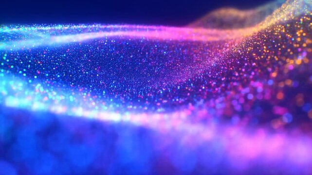 Luminous particle waves undulate across a dark blue background, forming layered glowing ridges of cyan, magenta, pink, and golden dots with soft bokeh and fluid depth
