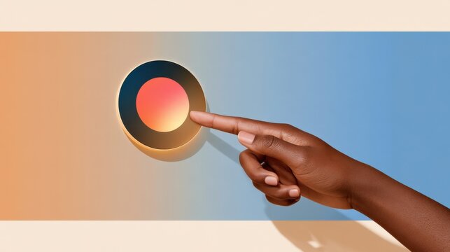 Smooth gradient background with dark skinned hand adjusting sleek circular smart home control panel featuring warm orange and cool blue tones, modern tech interface