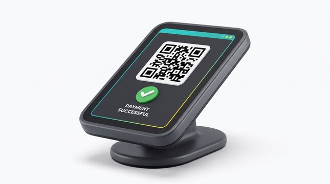 3D QR code on table stand for contactless mobile payment e-wallet mobile banking and digital purchase checkout cashier concept
