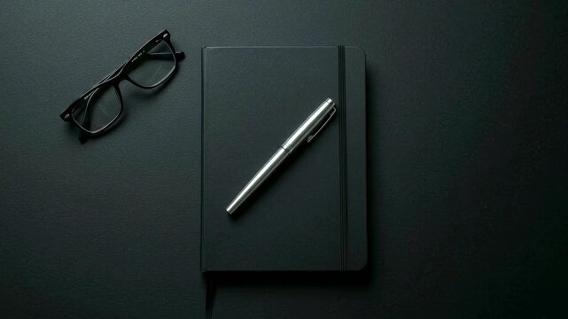 Spotlight moves across a black notebook and metal pen on a desk