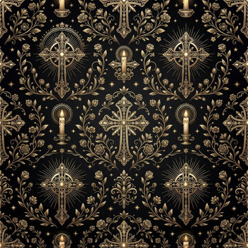 Seamless pattern featuring ornate golden crosses and glowing candles on a dark black background suitable for luxury wallpaper or religious textiles