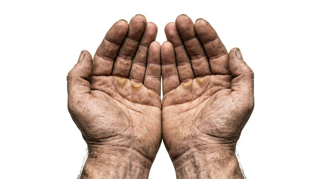 Rough calloused hands of hardworking manual laborer cupped open together isolated on transparent background
