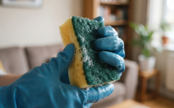 Person wearing blue rubber gloves holding and squeezing a cleaning sponge with soap suds