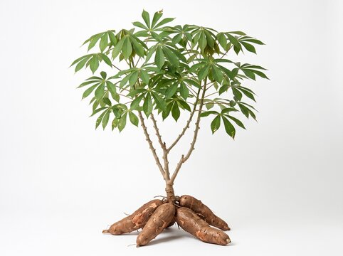 Whole Fresh Cassava Plant with Root Tubers Isolated on White Background