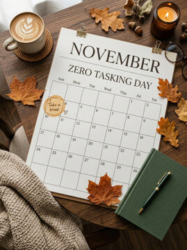 A cozy autumn flat lay featuring a november calendar with zero tasking day marked alongside a warm coffee and dry leaves