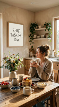 A young woman enjoying a quiet morning breakfast with pancakes and coffee in a sunlit kitchen with zero tasking day sign
