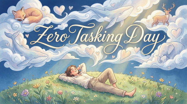 A peaceful young man lying on a grassy hill under a dreamy blue sky with clouds celebrating a zero tasking day