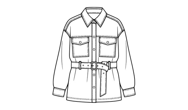 Belted shacket fashion technical drawing with oversized fit collar pockets and waist belt
