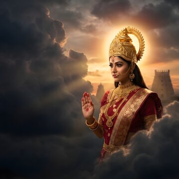 Divine depiction of an Indian goddess adorned in traditional jewelry and red saree, offering blessings amidst mystical clouds and ancient temple silhouettes at sunset.
