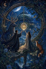 Fototapeta premium Enchanted moonlit garden with deer, fox, couple, glass palace