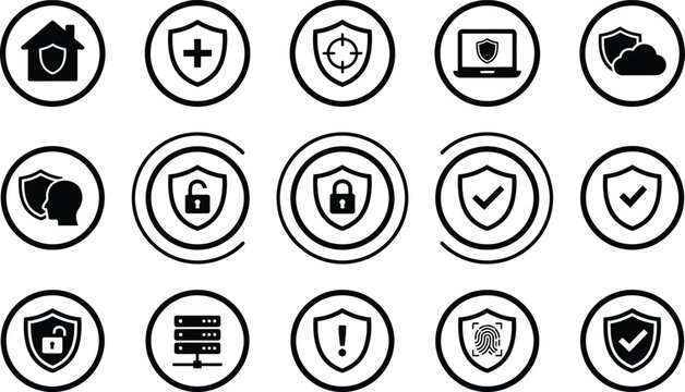 Cyber Security Shield Icon Set for Network Protection and Data Privacy
