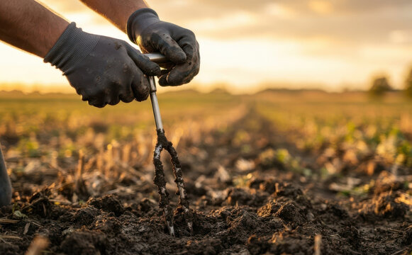 Farmer taking soil sample with a probe core tool in agricultural field at sunset