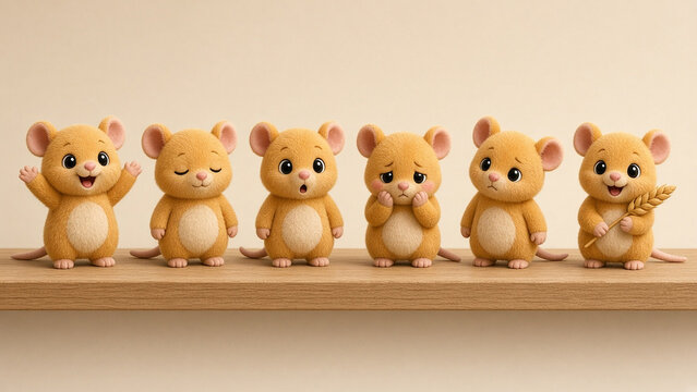 Cute chibi plush harvest mouse six expressions set on wooden shelf