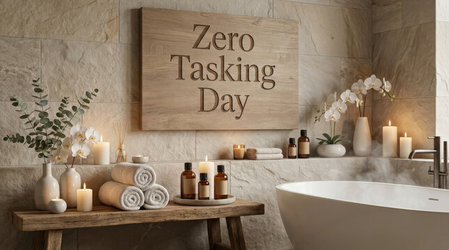 A serene bathroom interior featuring a wooden sign with the text zero tasking day hanging above a rustic table with candles