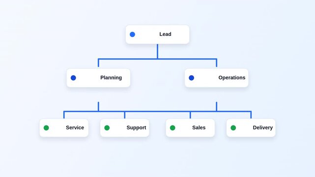 Organizational chart animation reveals corporate structure hierarchy with branches connecting planning and operational departments in motion video