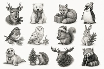 Fototapeta premium Hand-drawn woodland animals wearing winter accessories and celebrating Christmas