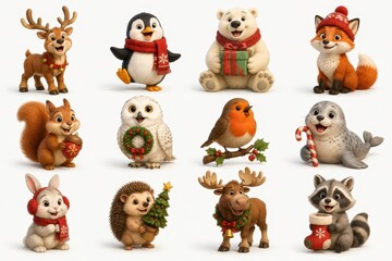 Fototapeta premium Cute Christmas woodland animals and birds collection