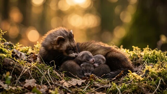 polecat with her kits close up at morning light in new forest england video