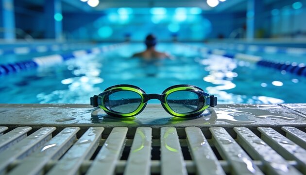 Generative AI Indoor swimming pool scene with goggles resting on the edge of the pool near a