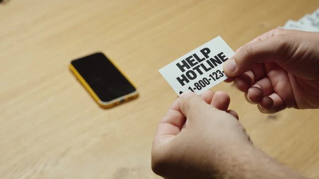 Hands holding a help hotline card with a smartphone nearby, representing crisis support and assistance.