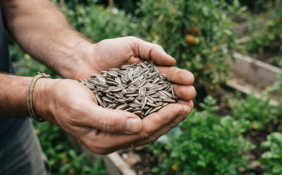 A male gardener holding a handful of sunflower seeds in a garden for planting and farming concepts