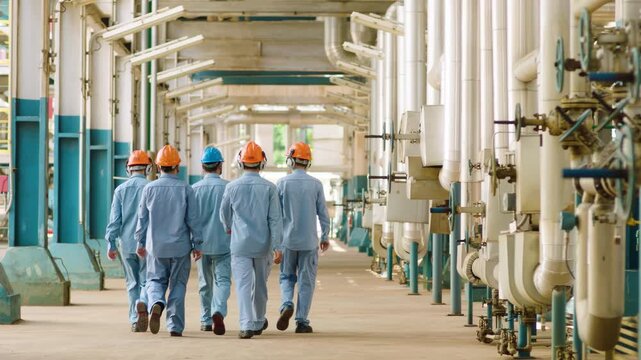 Male engineer, technician worker wearing safety jacket, hard hat walking through oil refinery large pipelines plant factory. Industrial chemical engineering, manufacturing worker, career energy sector